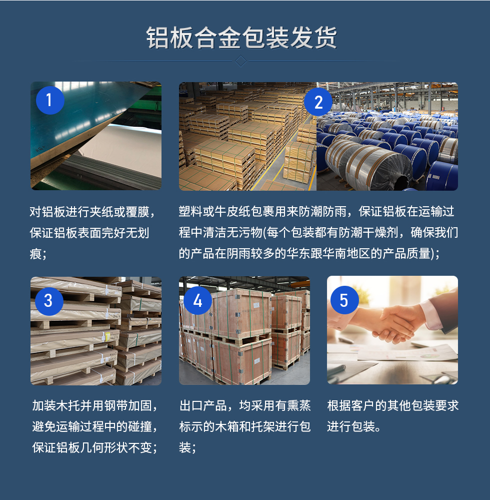 鋁板合金包裝發(fā)貨
　　1、對鋁板進(jìn)行夾紙或覆膜，保證鋁板表面完好無劃痕；
　　2、塑料或牛皮紙包裹用來防潮防雨，保證鋁板在運輸過程中清潔無污物(每個包裝都有防潮干燥劑，確保我們的產(chǎn)品在陰雨較多的華東跟華南地區(qū)的產(chǎn)品質(zhì)量)；
　　3、加裝木托并用鋼帶加固，避免運輸過程中的碰撞，保證鋁板幾何形狀不變；
　　4、出口產(chǎn)品，均采用有熏蒸標(biāo)示的木箱和托架進(jìn)行包裝；
　　5、根據(jù)客戶的其他包裝要求進(jìn)行包裝。