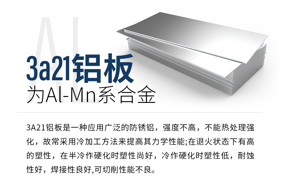 3a21鋁板為Al-Mn系合金，3A21鋁板是一種應用廣泛的防銹鋁，強度不高，不能熱處理強化，故常采用冷加工方法來提高其力學性能;在退火狀態(tài)下有高的塑性，在半冷作硬化時塑性尚好，冷作硬化時塑性低，耐蝕性好，焊接性良好,可切削性能不良。